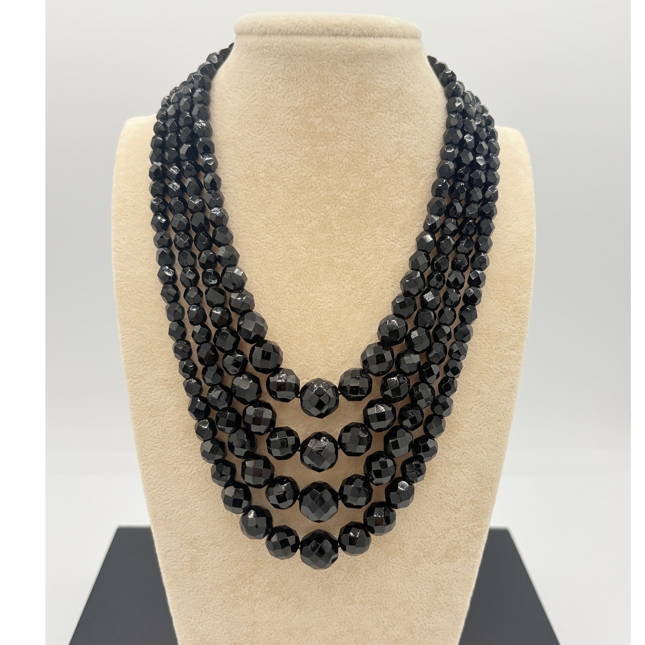 Signed Laguna Multi-Strand Black Faceted Glass Bead Necklace 118$